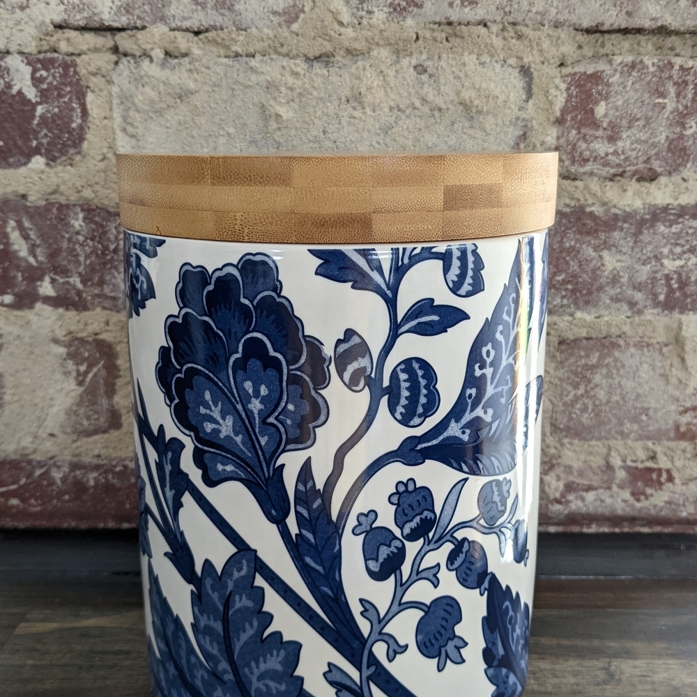 Blue Floral Ceramic Canister with Bamboo Lid - Picture 2 of 5